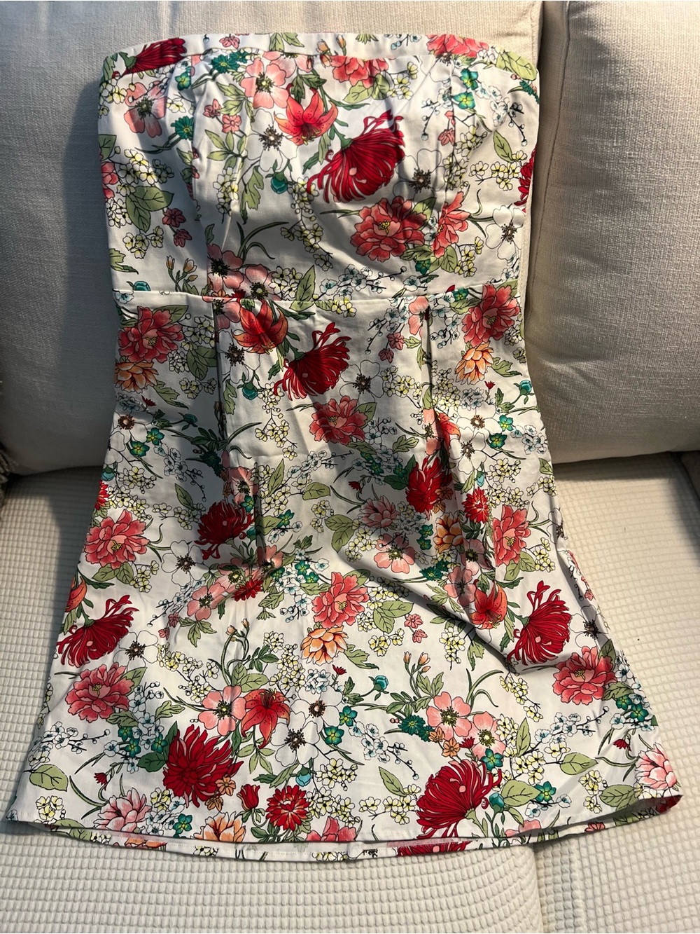 Old Navy White Strapless Floral Dress with Red & Green Accents